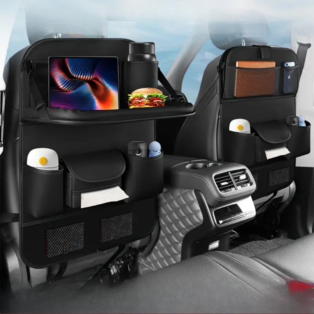 Image of KHAAS Premium Car Back Seat Organizer, showing another image of the product being used from side front angle.