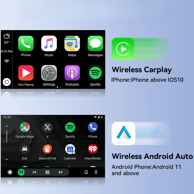 Image of KHAAS Wireless Apple CarPlay Adapter, showing the compatibility for both Apple CarPlay and Android Auto