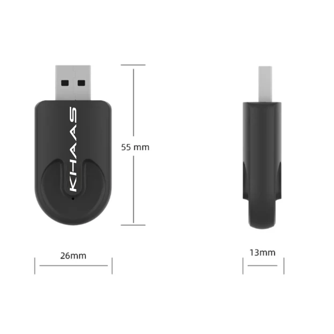 Image of KHAAS Wireless Apple CarPlay Adapter, showing the dimensions of the product