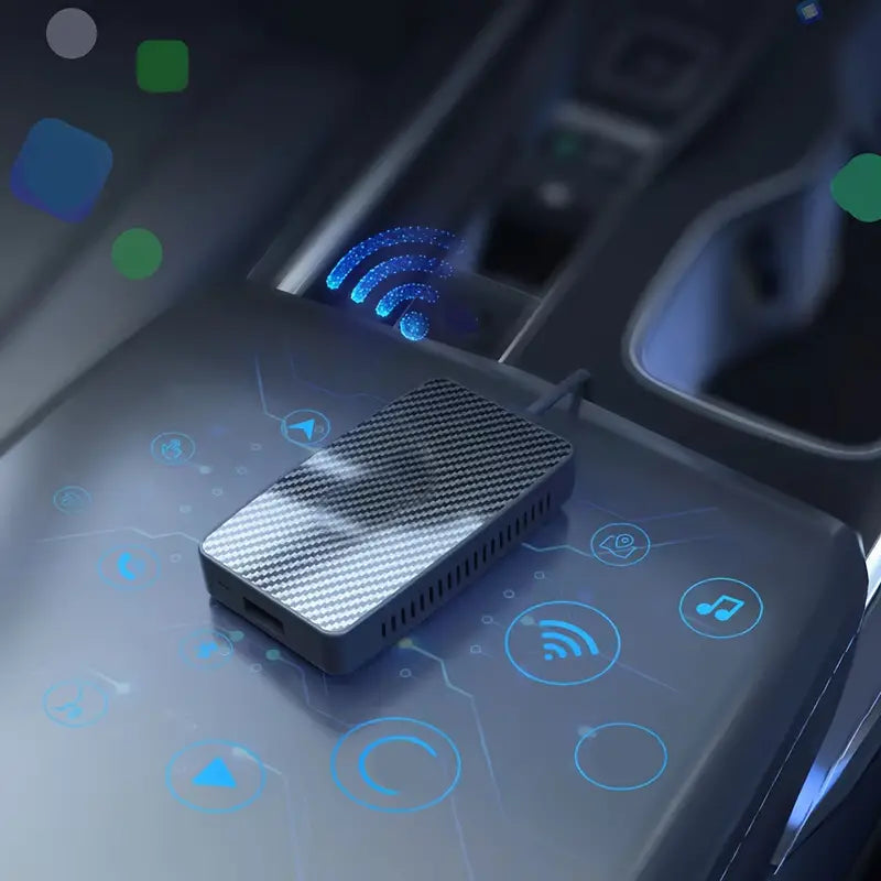 Image of KHAAS Wireless CarPlay Adapter Pro, showing the product with it's features in logos.
