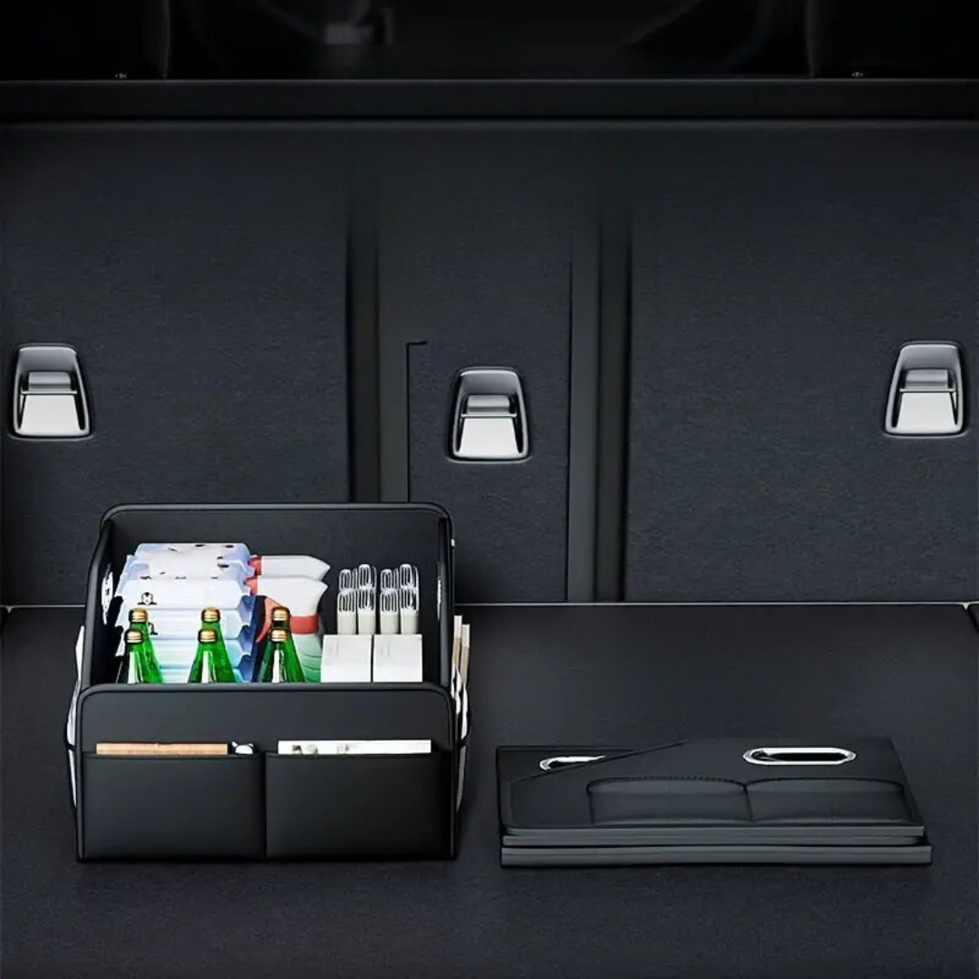 Image of KHAAS Leather Car Trunk Organizer, showing how the product can be collapsed for ease of storage.