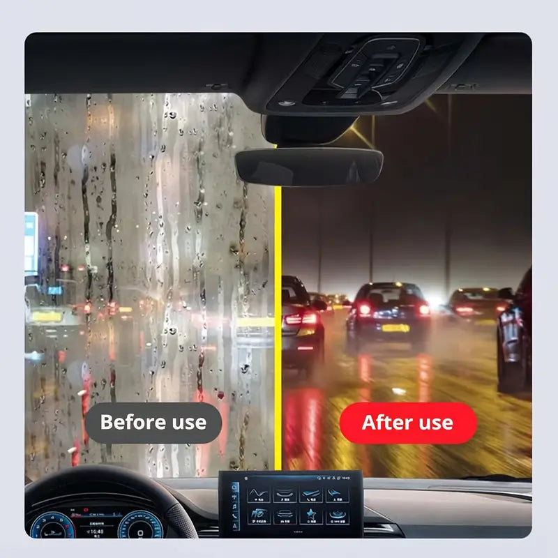 Image of KHAAS Automotive Glass Cleaner, showing before and after in the rain
