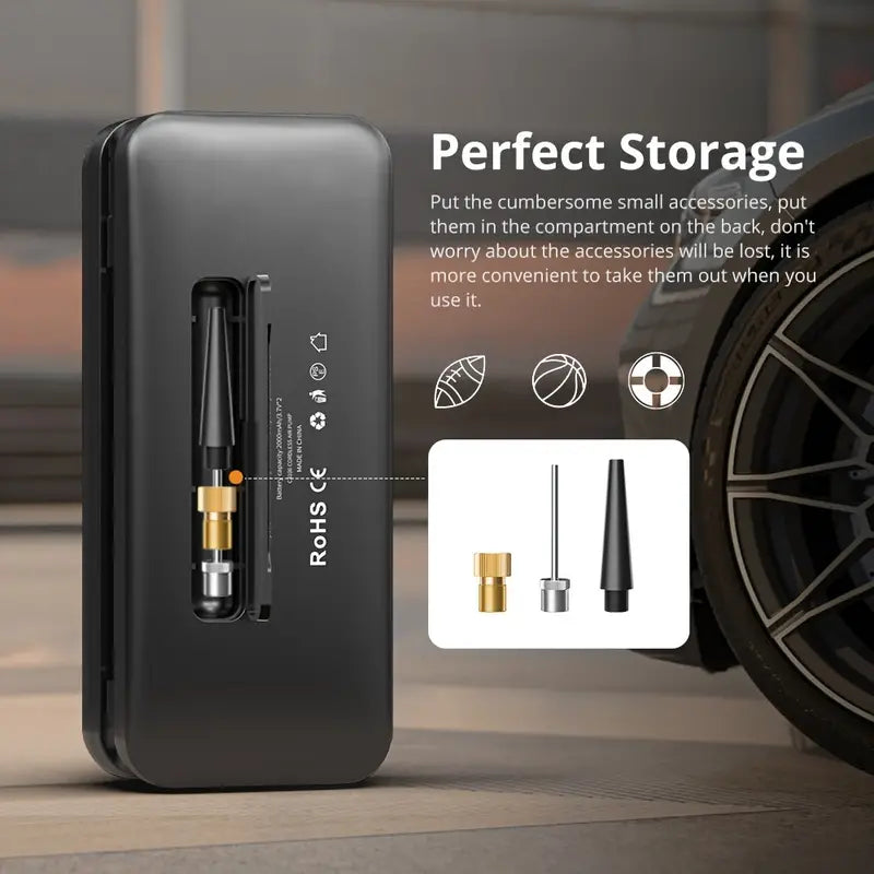 Image of KHAAS SmartInflator Pro™ Portable Tire Inflator, showing the storage for various nozzles that are also provided