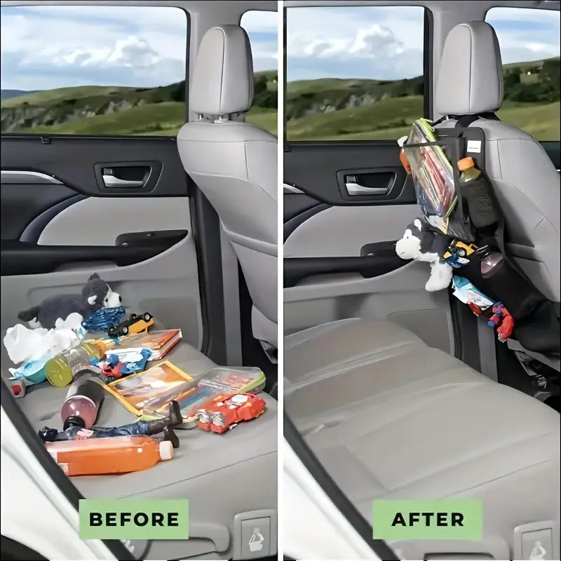 Image of KHAAS Car Back Seat Organizer, showing the declutter before and after with this product.