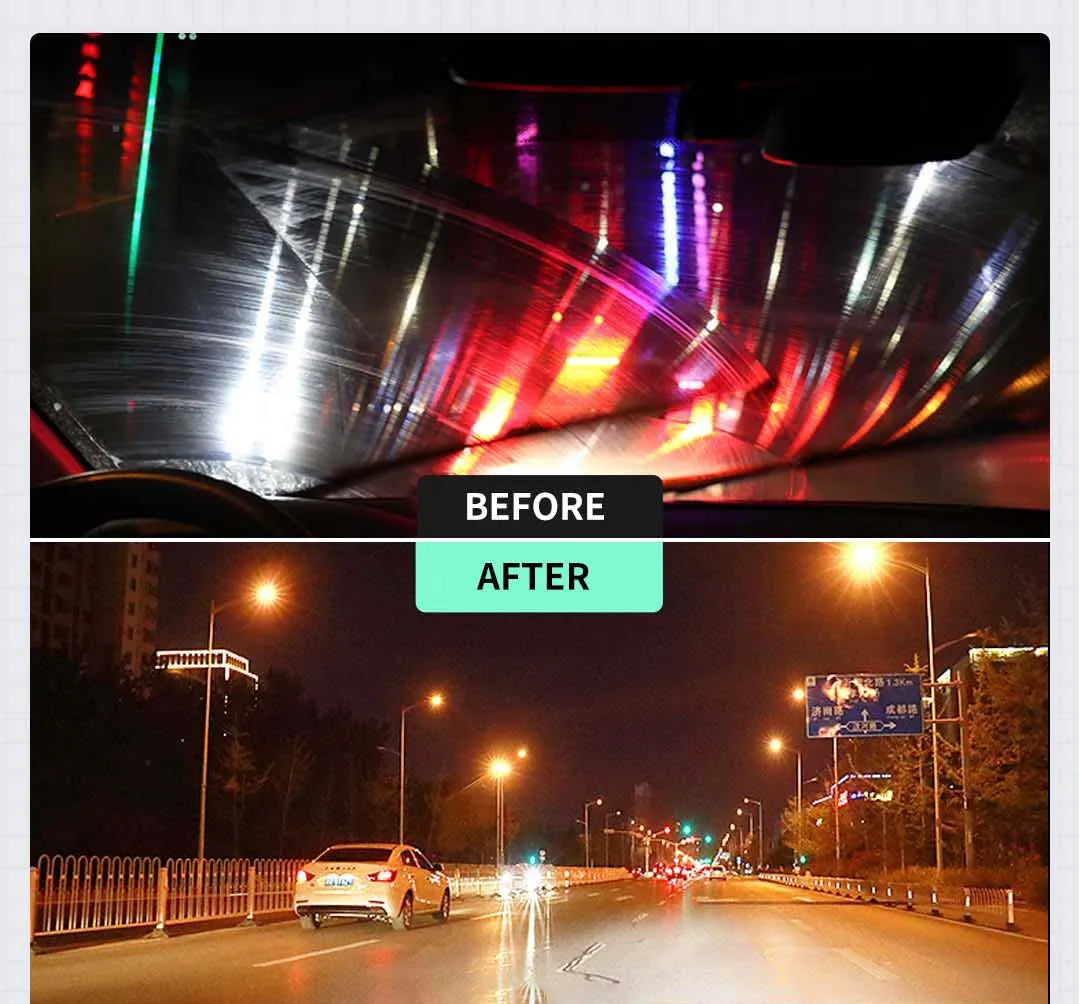 Image of KHAAS Automotive Glass Cleaner, showing before and after image of streaks