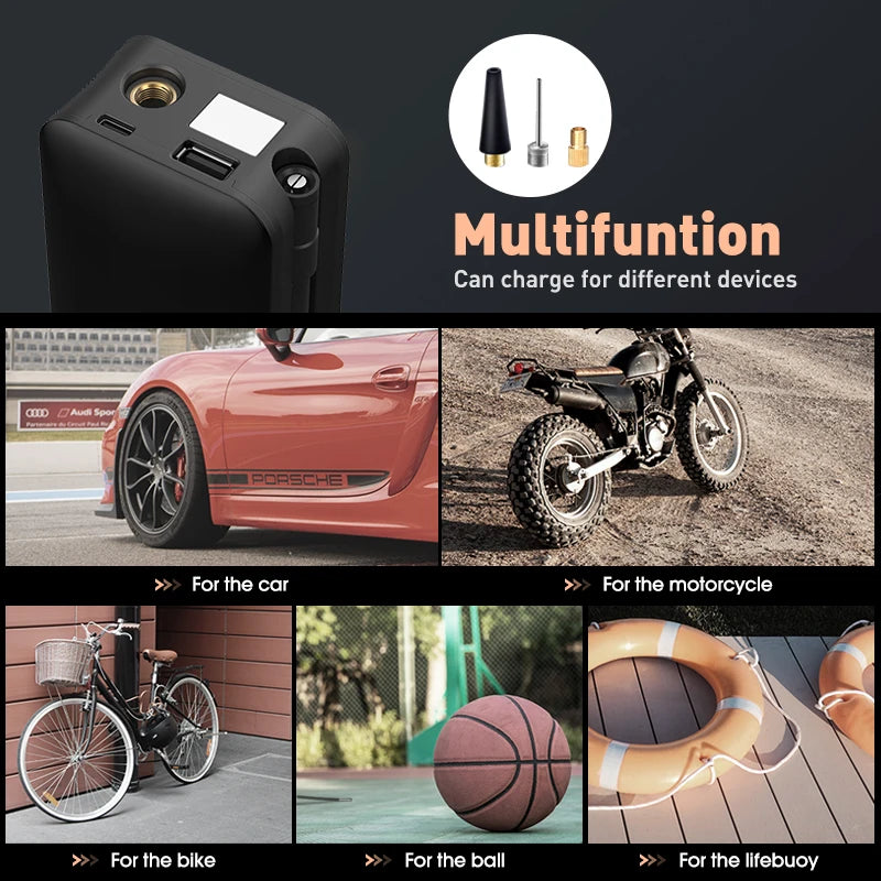 Image of KHAAS SmartInflator Pro™ Portable Tire Inflator, showing the multifunctional aspect of the product