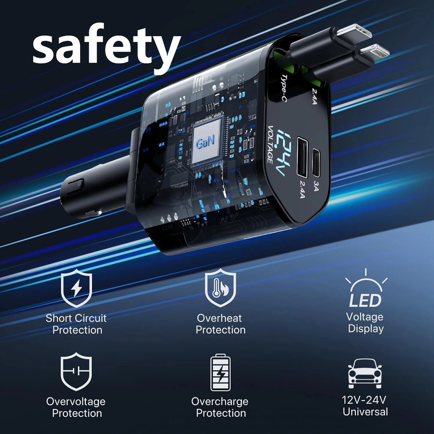 Image of KHAAS Retractable Car Phone Charger, showing the features built it to the device