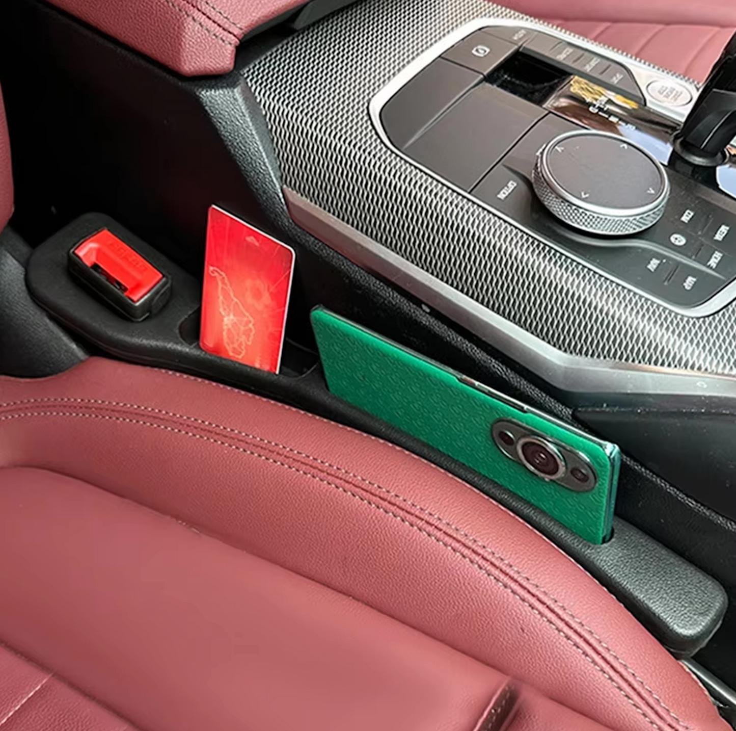 Image of KHAAS GapGuard™ Car Seat Gap Filler, showing the product being used as a organizer to hold phone and keys