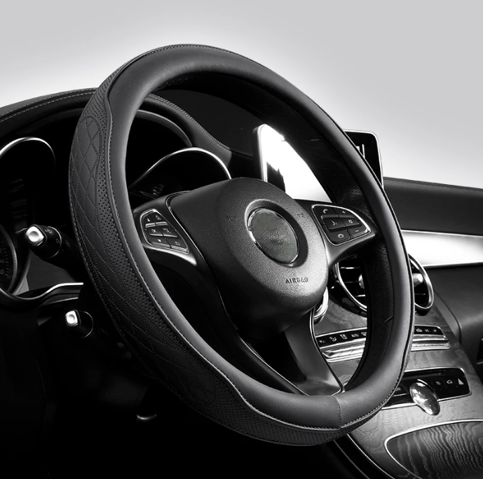 Image of KHAAS Leather Steering Wheel Cover, showing the product in black color