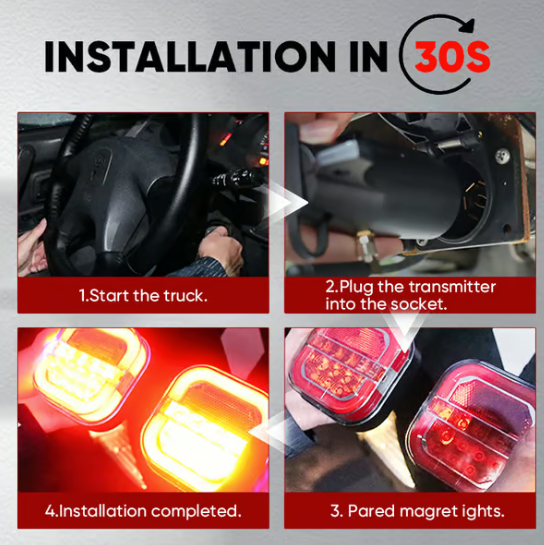 Image of KHAAS TowBeam™ Wireless Magnetic Trailer Lights, showing simple installation steps
