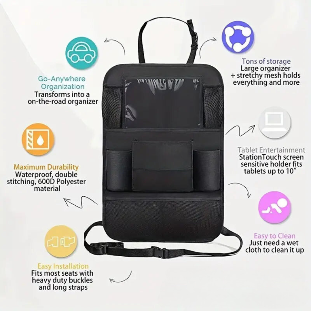 Image of KHAAS Car Back Seat Organizer, showing different features of the product