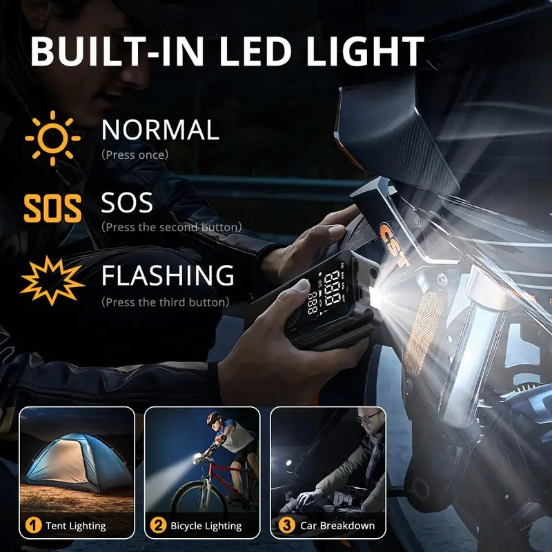 Image of KHAAS SmartInflator Pro™ Portable Tire Inflator, showing the built in light feature.