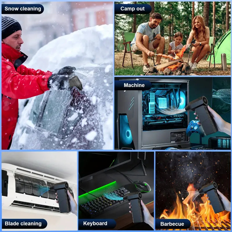 Image of KHAAS MightyBlow™ Auto Blower, showing the various uses of the product for snow cleaning, camp etc.