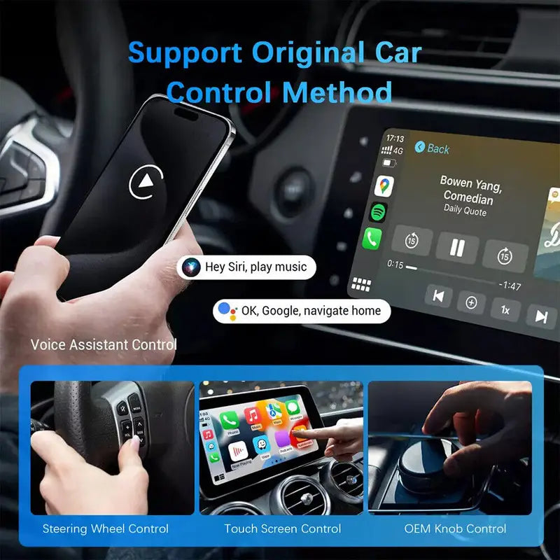 Image of KHAAS Wireless Apple CarPlay Adapter, showing the feature that supports original controls