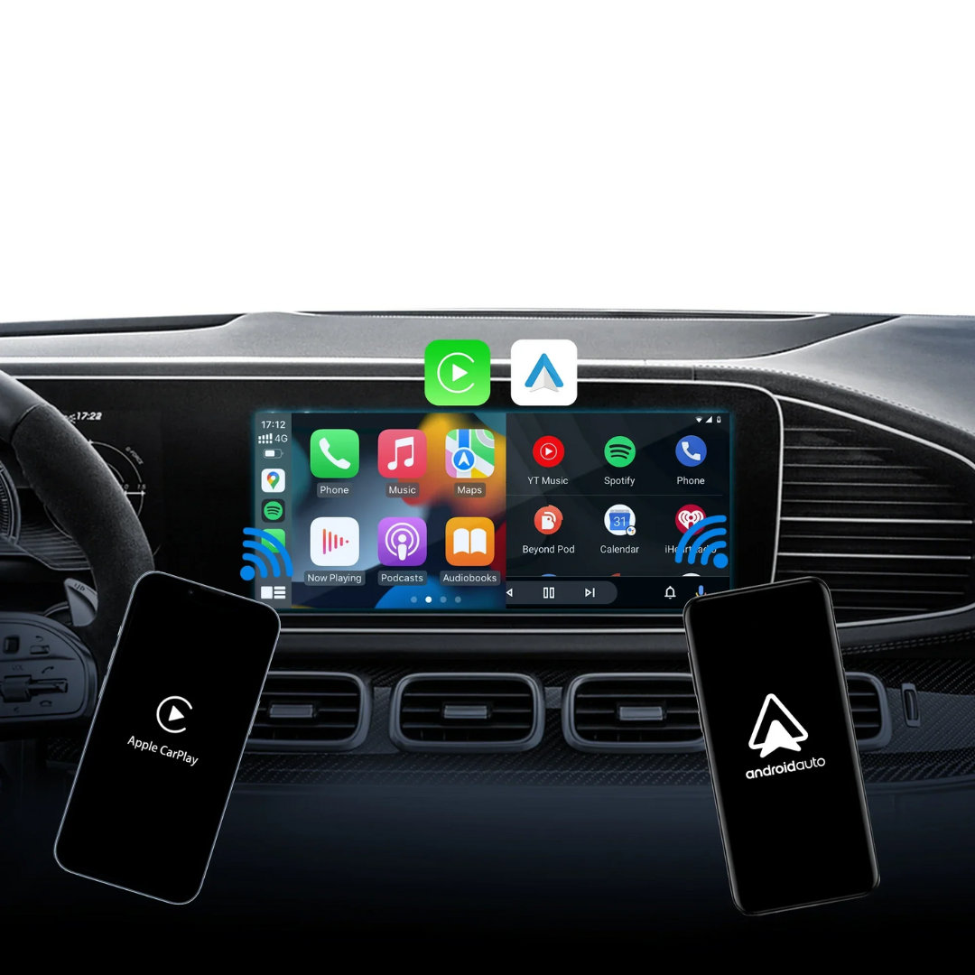 Image of KHAAS Wireless CarPlay Adapter Pro, showing compatibility with both apple carplay and android auto.
