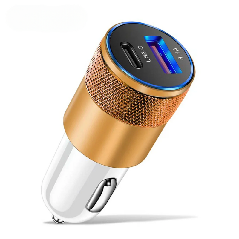 Image of KHAAS Quick Charge Dual-Port USB Car Charger Adapter, showing the gold color. 