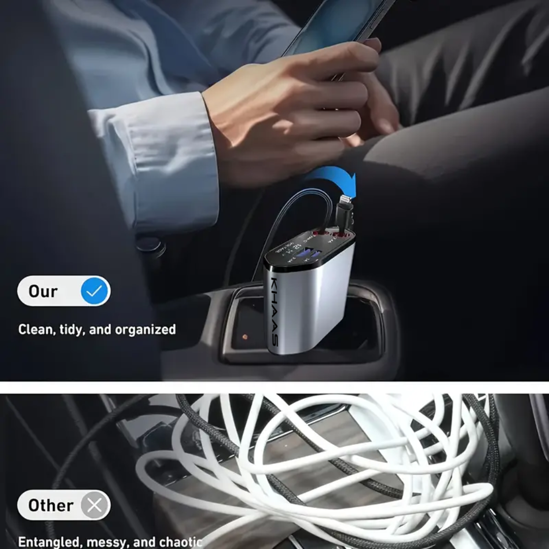 Image of KHAAS Retractable Car Phone Charger, showing the comparison of how the product solves clutter vs other products