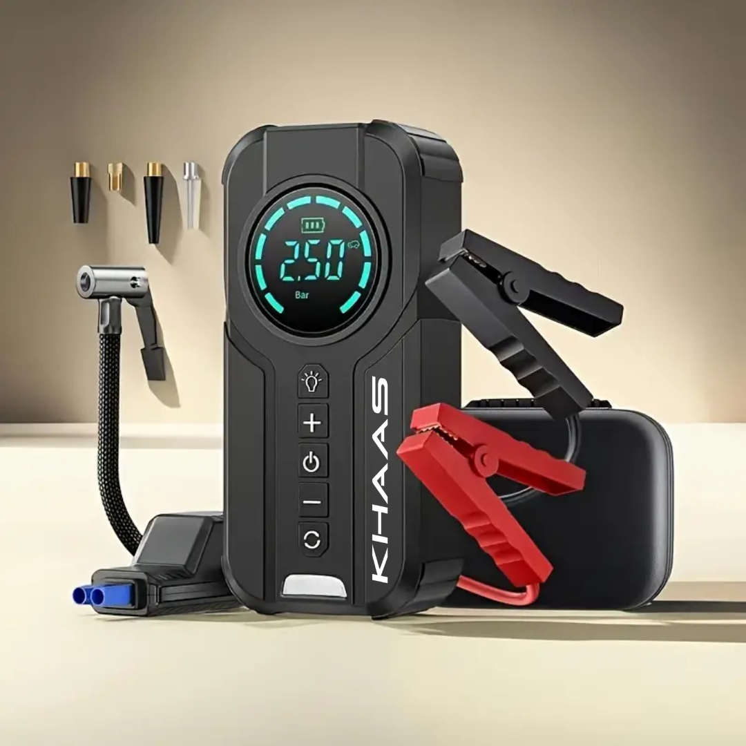 Image of KHAAS Portable Jump Starter, showing the main image with various accessories