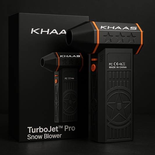 KHAAS TurboJet Pro Snow Blower with packaging on a dark background