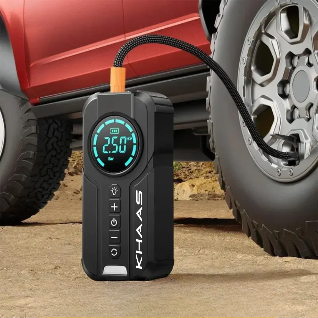 Image of KHAAS Portable Jump Starter, showing the tire inflating feature
