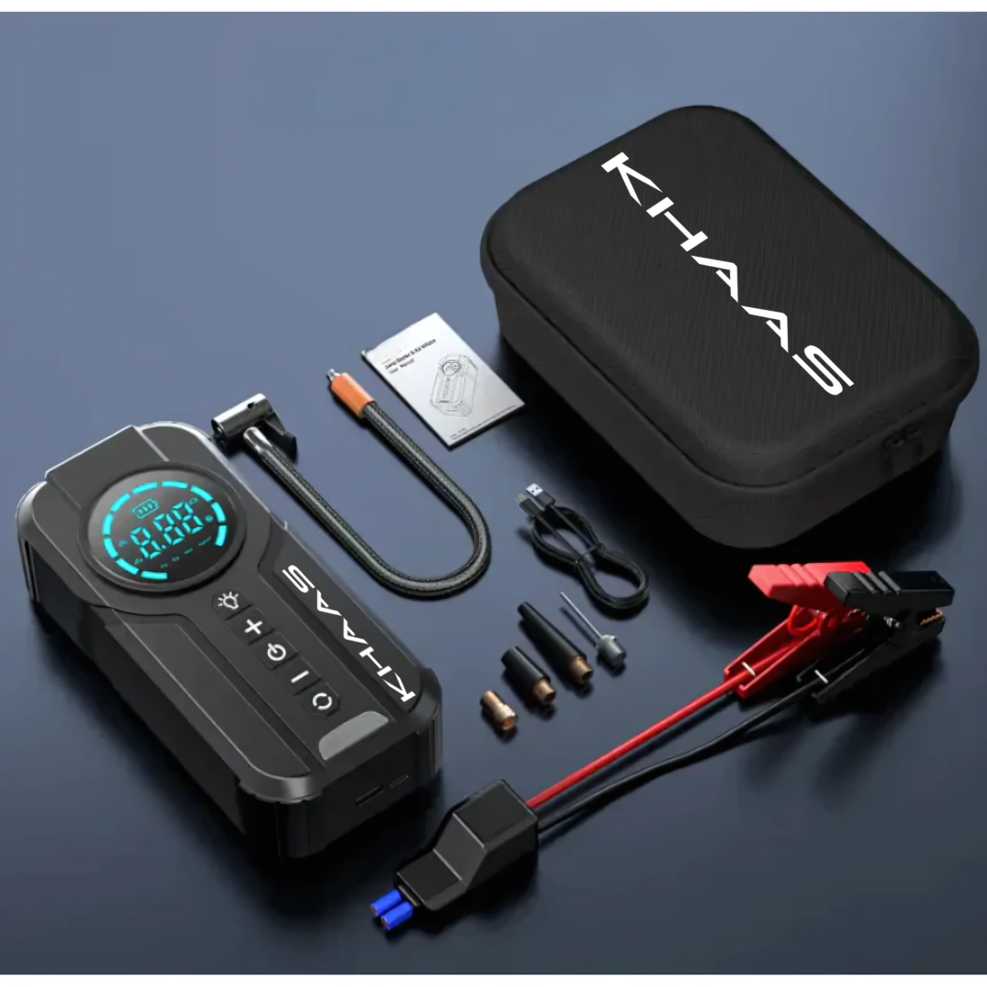 Image of KHAAS Portable Jump Starter, showing what is inside the box 