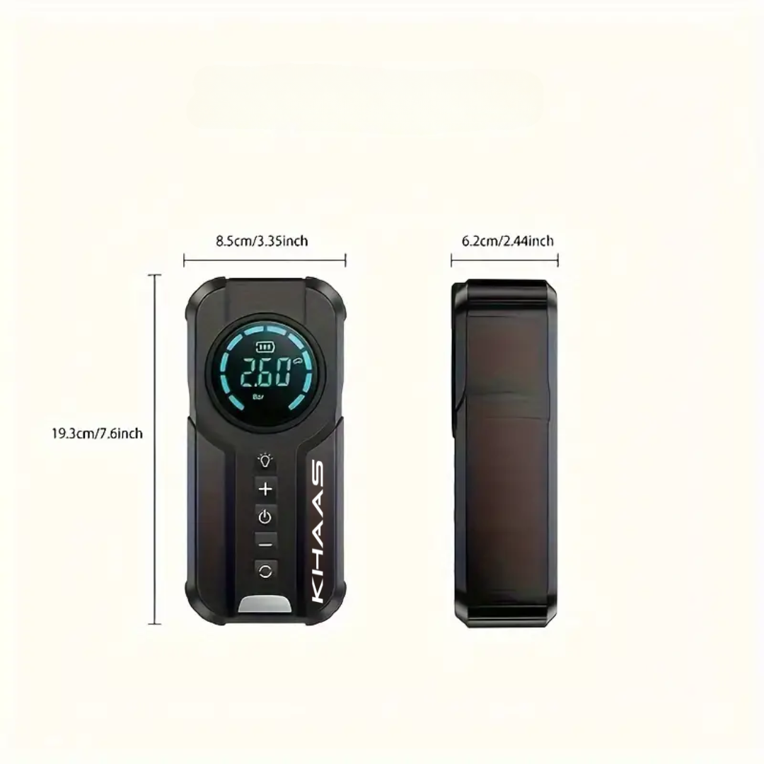 Image of KHAAS Portable Jump Starter, showing the dimensions of the product 