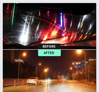 Image of KHAAS Automotive Glass Cleaner, showing before and after image of streaks 