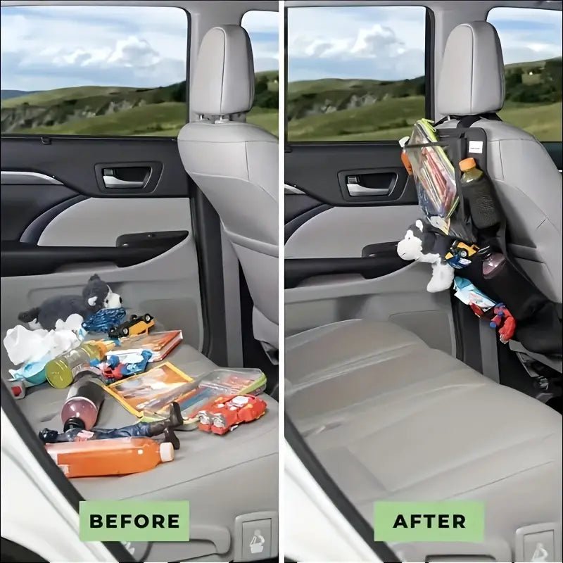 Image of KHAAS Car Back Seat Organizer, showing the declutter before and after with this product. 