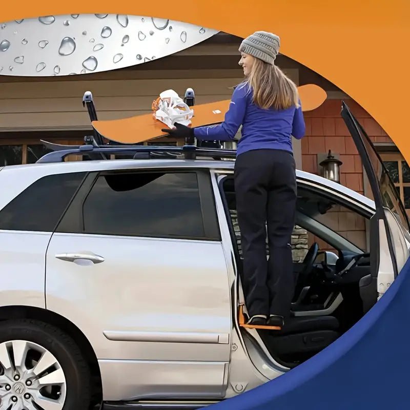 Image of KHAAS Car Door Latch Step, showing the product in use for loading snowboard