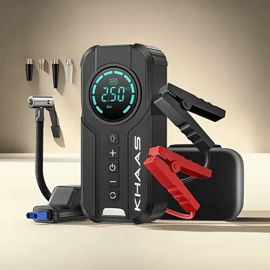 Image of KHAAS Portable Jump Starter, showing the main image with various accessories