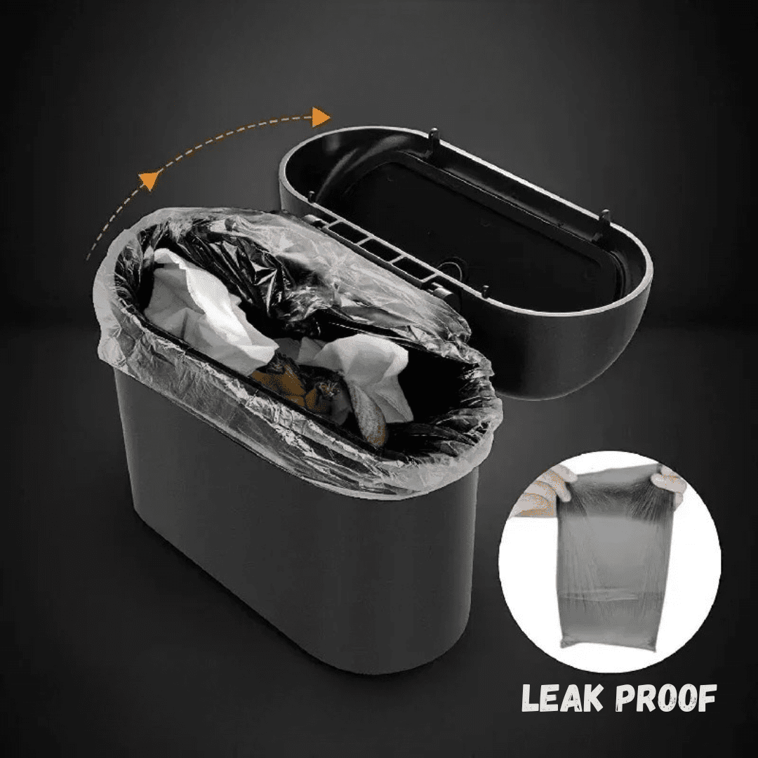 Image of KHAAS Trash Can for Car with Lid, showing the wide open mouth designs and using leak resistant garbage bags 