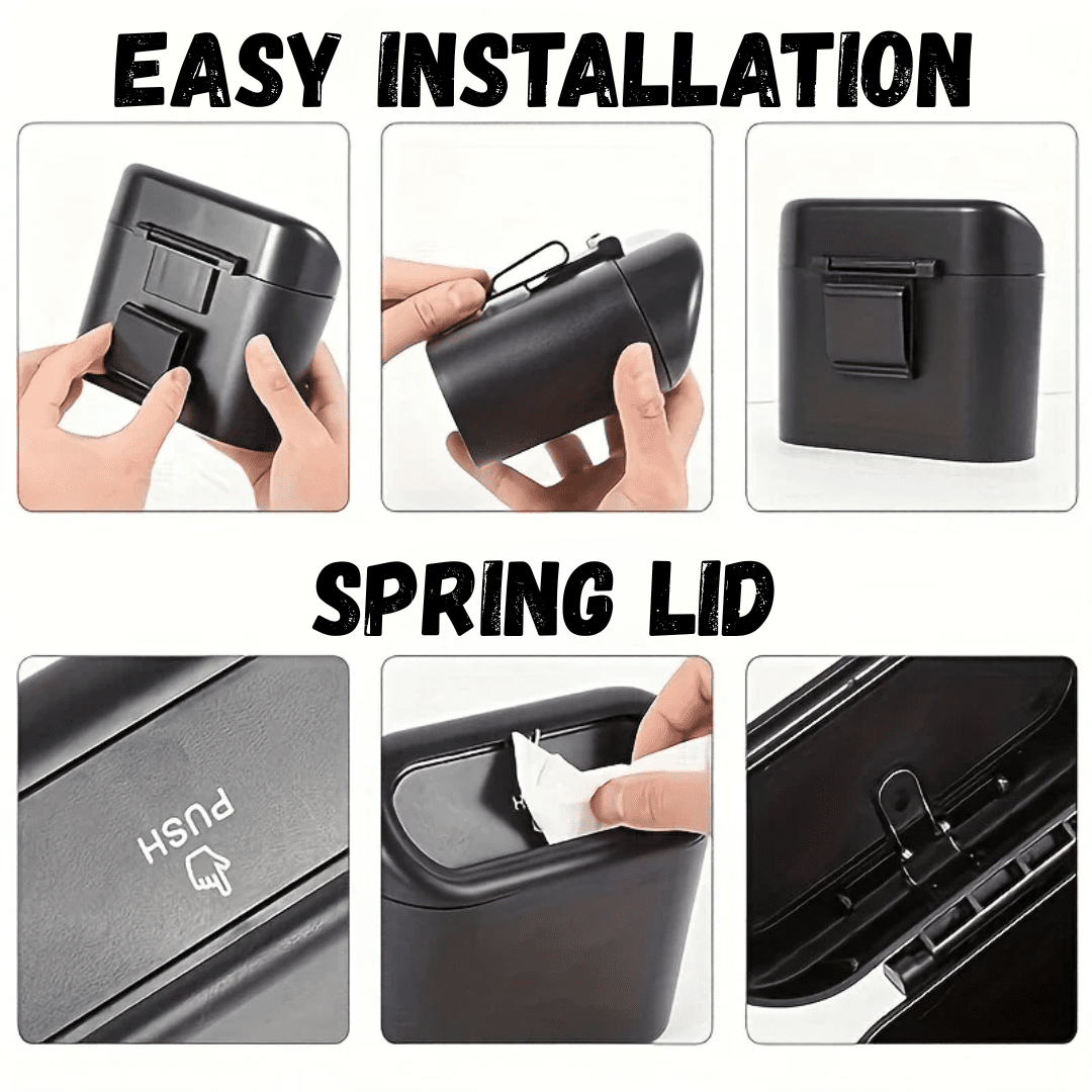 Image of KHAAS Trash Can for Car with Lid, showing the spring lid feature and easy installation of the product 