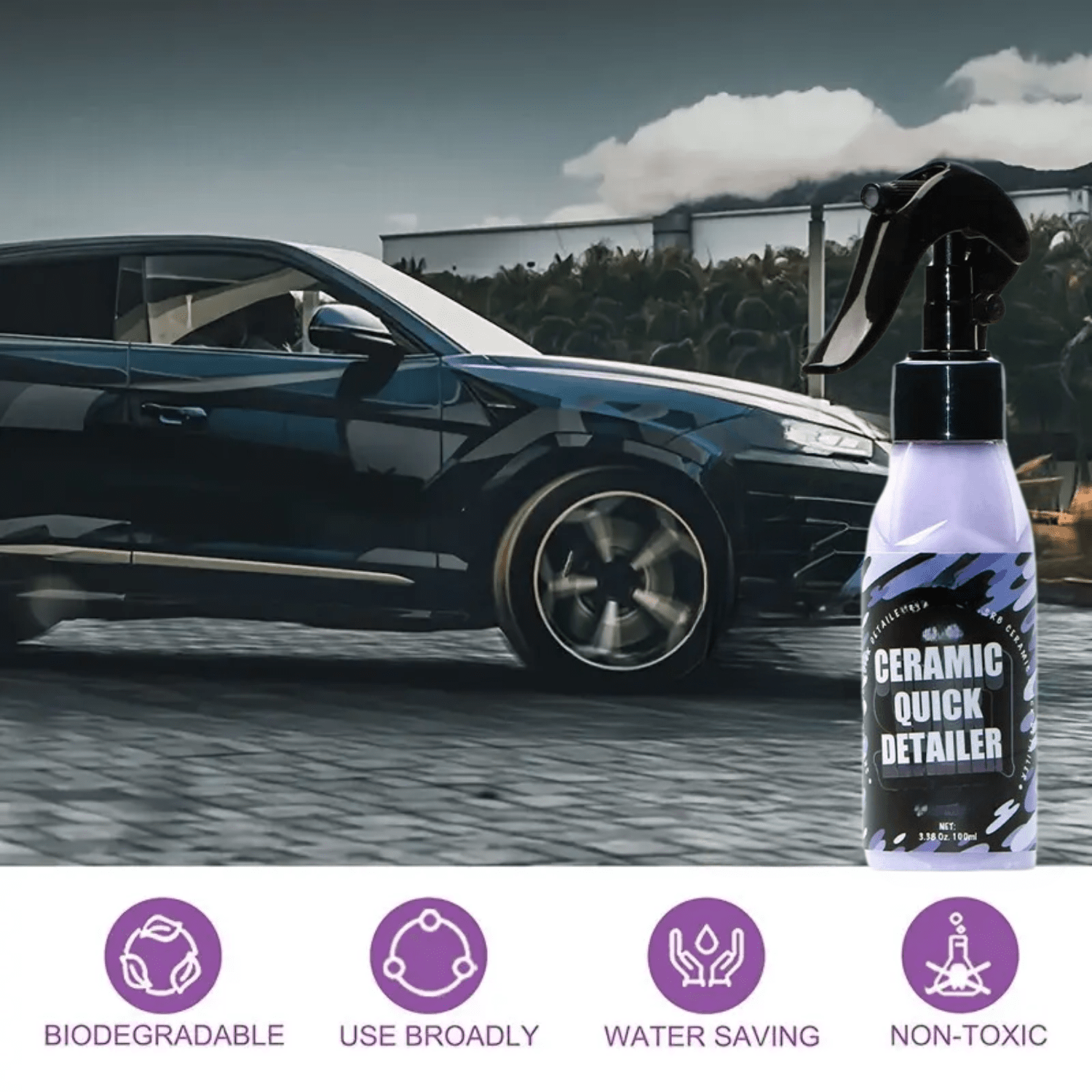 Image of KHAAS Ceramic Coat Spray, showing the environmental benefits of the product 