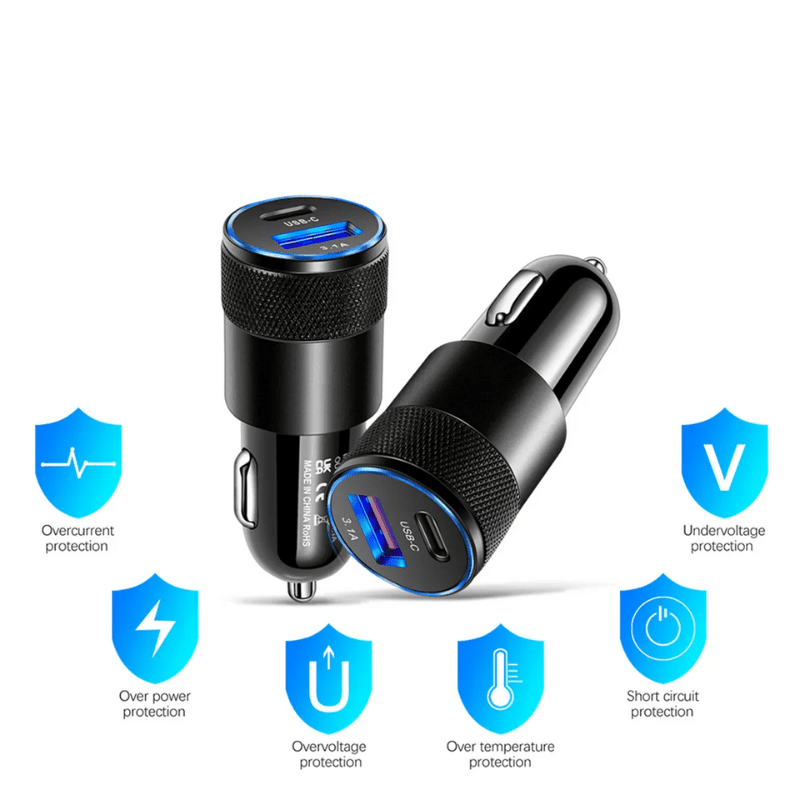 Image of KHAAS Quick Charge Dual-Port USB Car Charger Adapter, showing the features such as over power protection, short circuit protection along with others. 