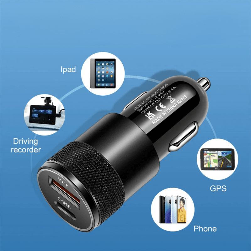 Image of KHAAS Quick Charge Dual-Port USB Car Charger Adapter, showing it's capability to charge phones, tablets, gps etc.. 