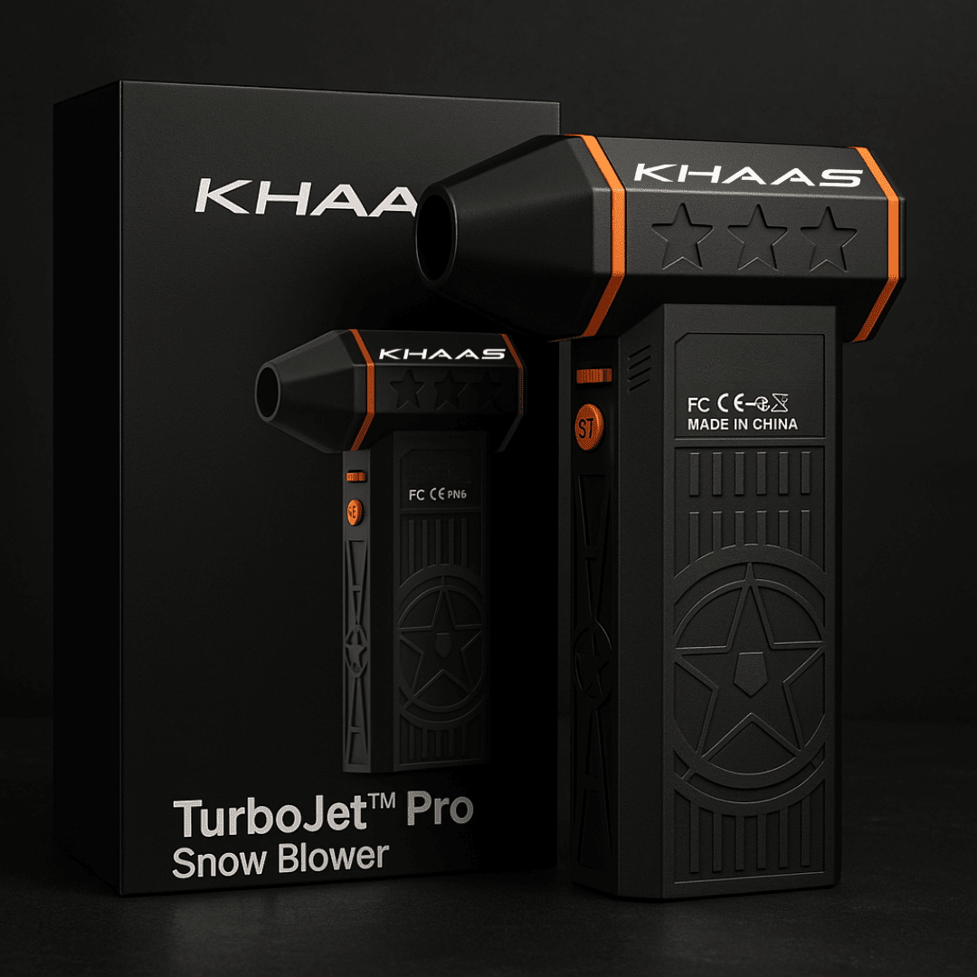 KHAAS TurboJet Pro Snow Blower with packaging on a dark background