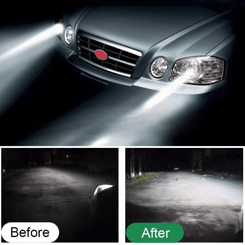Image of KHAAS Headlamp Restorer, showing the before and after of the product result at night 
