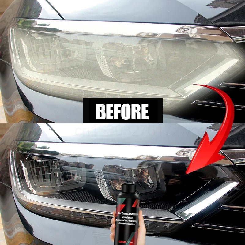 Image of KHAAS Headlamp Restorer, showing the before and after of a headlight with the special compound
