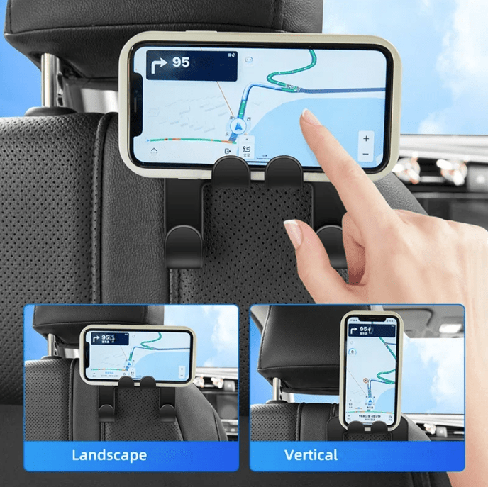 Image of KHAAS Headrest Hooks for Cars, showing it being used as a phone holder 