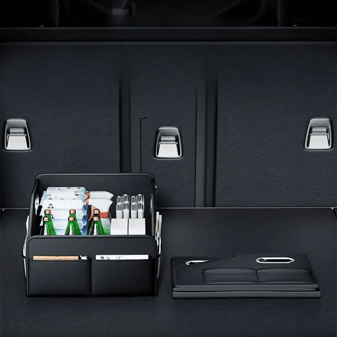Image of KHAAS Leather Car Trunk Organizer, showing how the product can be collapsed for ease of storage. 