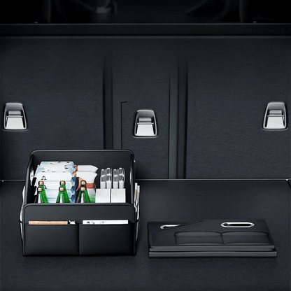 Image of KHAAS Leather Car Trunk Organizer, showing how the product can be collapsed for ease of storage. 