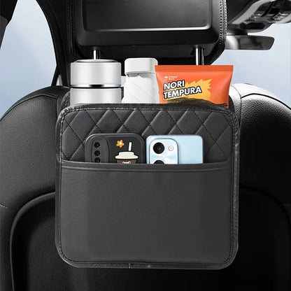 Image of KHAAS Leather Headrest Car Organizer Front Seat, showing the product storing various things