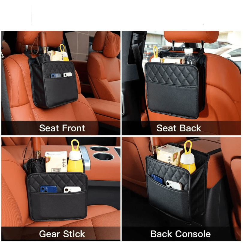 Image of KHAAS Leather Headrest Car Organizer Front Seat, showing different placement for the product like seat front, back console etc.. 