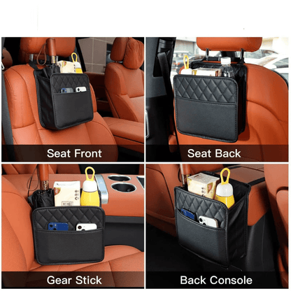 Image of KHAAS Leather Headrest Car Organizer Front Seat, showing different placement for the product like seat front, back console etc.. 