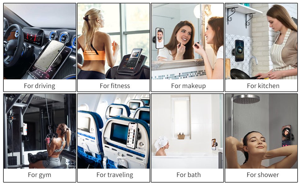 Image of KHAAS Suction Magnetic Phone Holder, showing the various uses of the product 