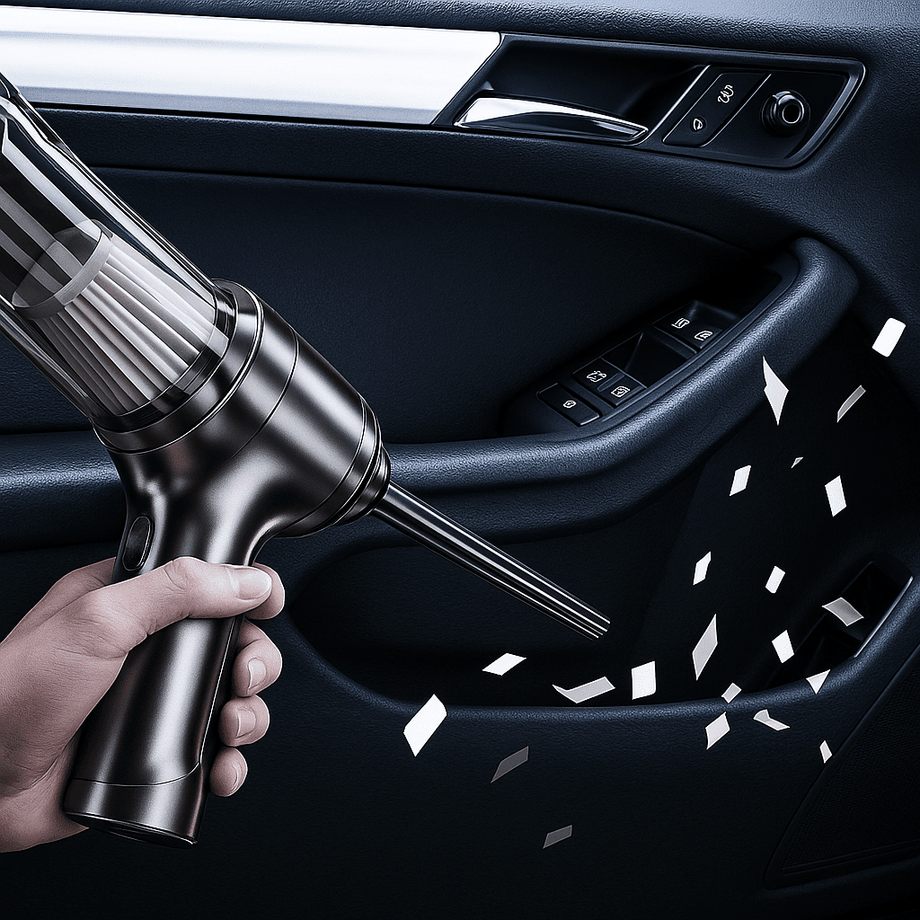 Hand holding a car vacuum cleaner inside a vehicle.