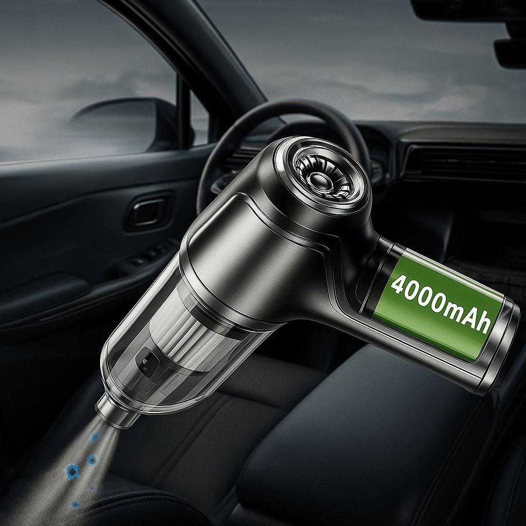 Car vacuum cleaner with 4000mAh battery pack inside a car.