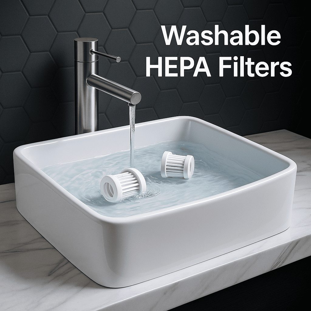 HEPA filters being washed in a sink with text 'Washable HEPA Filters' on a dark tiled wall background.