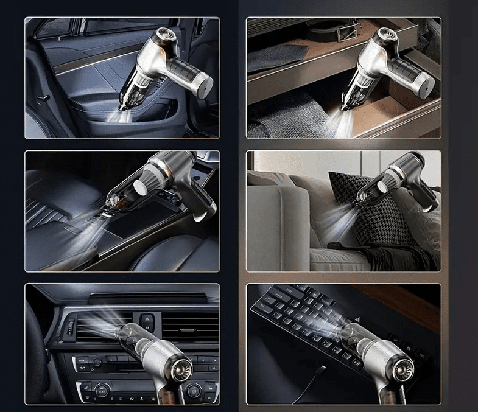 handheld vacuum car vacuum being used on various surfaces including car interior, sofa, and keyboard.