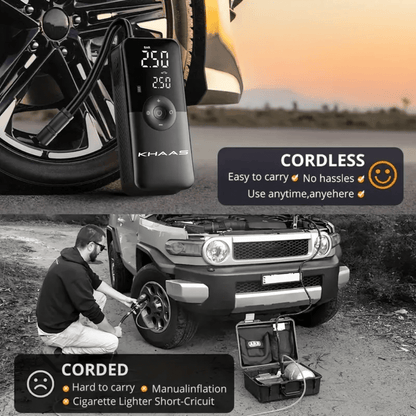Image of KHAAS SmartInflator Pro™ Portable Tire Inflator, showing the product inflating air cordless vs the old corded big devices